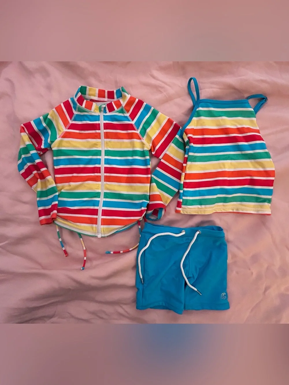 Swim Zip Rainbow rashguard, tankini, and shorts swim set Sz 4
